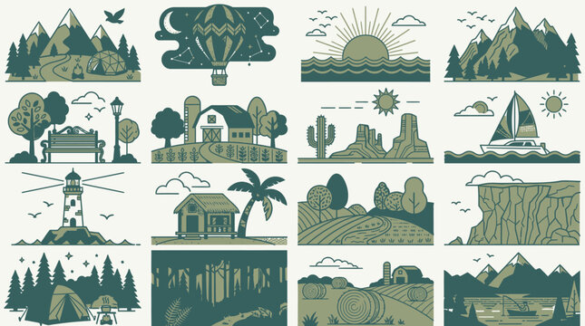 Ensemble d'ic&ocirc;nes de paysages naturels et ruraux illustr&eacute;s dans un style lin&eacute;aire minimaliste avec des montagnes, des fermes, des phares et des sc&egrave;nes de voyage en plein air