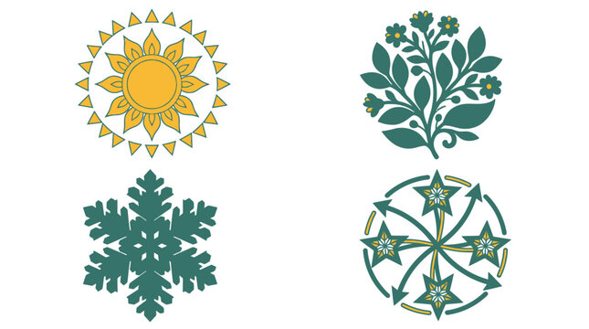Ensemble d'ic&ocirc;nes vectorielles d&eacute;coratives repr&eacute;sentant un soleil stylis&eacute;, une plante fleurie, un flocon de neige en forme de feuille et un embl&egrave;me circulaire avec des &eacute;toiles et des fl&egrave;ches.