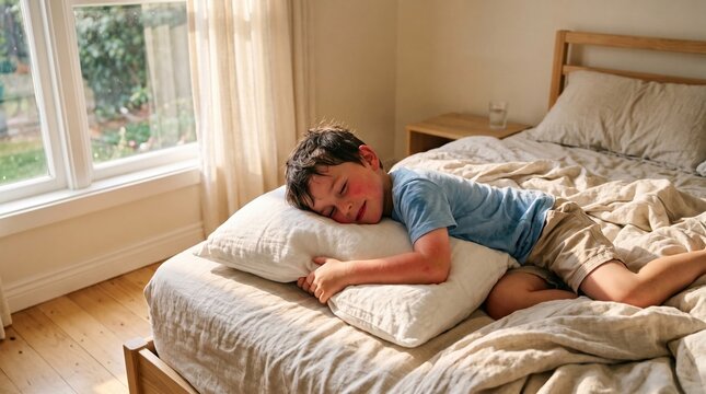 Relaxed morning concept, a young boy happily hugging a pillow while lying on a sunlit bed in a cozy bedroom.