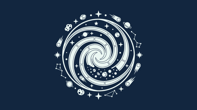 Ilustra&ccedil;&atilde;o vetorial de uma gal&aacute;xia espiral estilizada com planetas, estrelas e cometas em um design circular minimalista sobre um fundo azul escuro profundo para projetos espaciais.