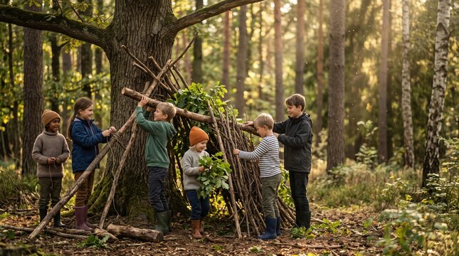 Childhood adventure and teamwork concept, a group of diverse children working together to build a wooden fort or hut in a sunny forest.