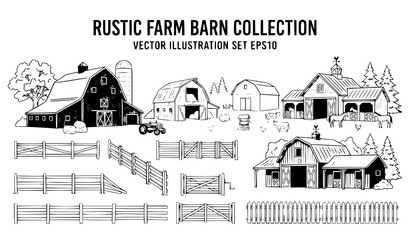 Design an original vector collection of 32 rustic barn illustrations isolated on a solid white background. Feature classic country barns with double doors, hay loft openings, timber siding, gable roof © Md