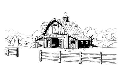 Generate a distinctive vector illustration containing 28 unique rustic barn designs isolated on a solid white background. Create a dynamic staggered arrangement featuring classic countryside barns wit © Md