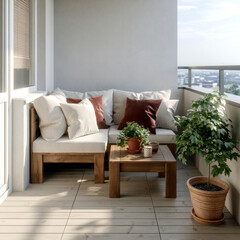 Obraz premium Cozy balcony with wooden furniture, white and brown cushions, potted green plants, city view, natural light, peaceful atmosphere