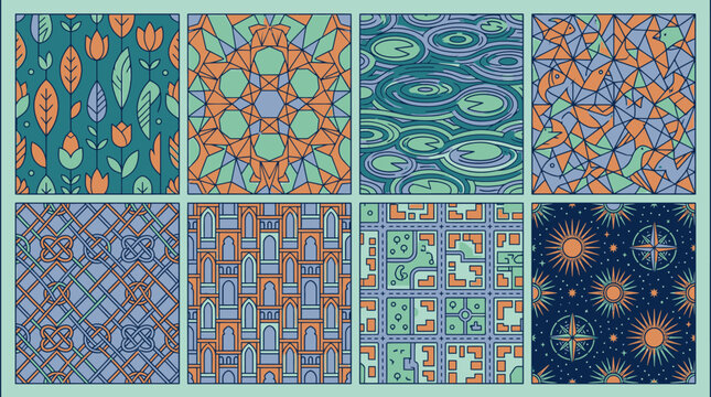 Collezione di otto motivi grafici astratti e geometrici in diverse palette di colori e stili.