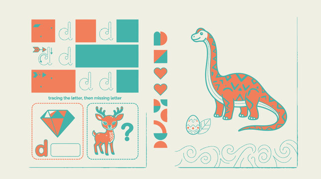 Edukacyjna karta pracy dla dzieci z nauką pisania litery d, ilustracją dinozaura, jelonka i diamentu w stylu retro z pastelową kolorystyką do nauki alfabetu i pisania.