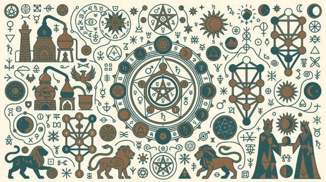 Złożona ilustracja ezoteryczna przedstawiająca alchemiczne symbole, drzewo życia, pentagramy, postacie kr&oacute;lewskie oraz lwy w stylu vintage na jasnym tle, idealna do projekt&oacute;w okultystycznych.