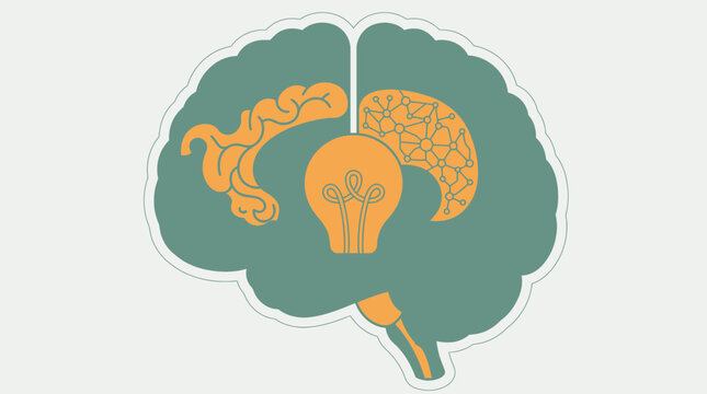 Ilustraci&oacute;n vectorial plana de un cerebro humano estilizado con una bombilla brillante en el centro que simboliza la creatividad, el pensamiento l&oacute;gico y el desarrollo de nuevas ideas.