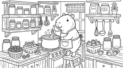 Cute capybara making homemade berry jam, black and white coloring page illustration featuring cozy farmhouse kitchen, fresh berries, preserving jars and cooking activity © Shafikul
