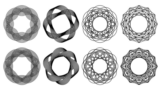 Set di elementi grafici circolari astratti con motivi geometrici complessi e linee intrecciate in bianco e nero, ideali per design ornamentale, loghi e decorazioni minimaliste.