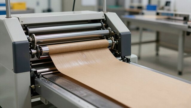 Industrial flexo press machine processing continuous brown paper roll in a factory setting. The machinery applies precise ink for custom packaging production.