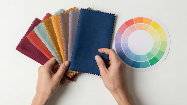 Hands holding a fan of colorful fabric swatches alongside a circular color wheel chart on a white surface.
