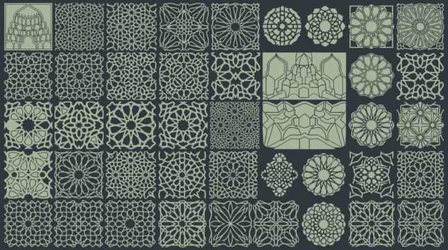 Ensemble de motifs g&eacute;om&eacute;triques complexes de style islamique et arabesque sur fond sombre, parfaits pour des designs d&eacute;coratifs, des arri&egrave;re-plans culturels et des projets artistiques.