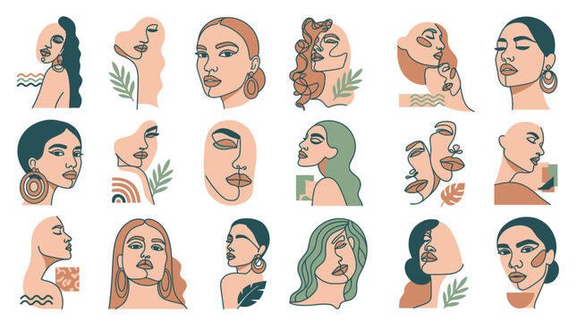 Set di illustrazioni vettoriali con volti femminili disegnati a linea continua in stile minimalista moderno con forme astratte e foglie decorative su sfondo bianco