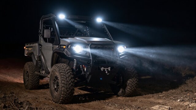 Rugged utility task vehicle equipped with powerful LED auxiliary lights illuminating a dark dirt trail.
