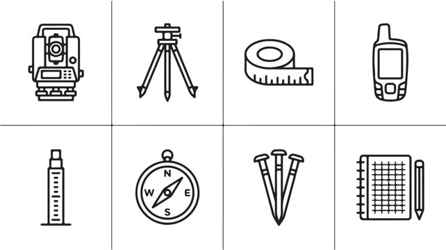 Surveying tools line icon set with total station and tripod