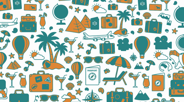 Modello senza cuciture con icone di viaggio disegnate a mano che includono valigie, aerei, passaporti, palme e monumenti storici su uno sfondo bianco pulito per design creativi.
