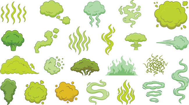 Large collection of cartoon green bad smell clouds, toxic fart gas puffs, smelly aroma trails, and stinky smoke elements isolated on white background vector illustration