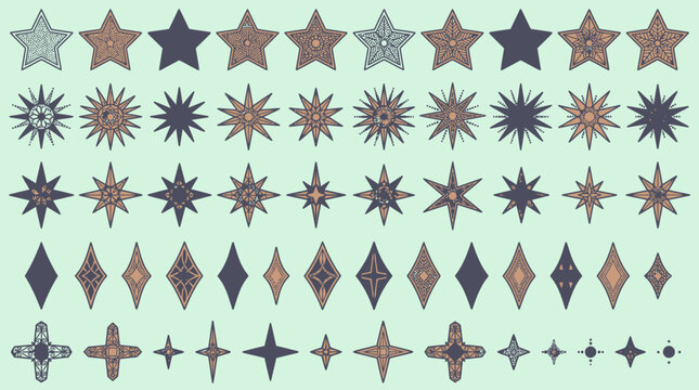 Ensemble d'ic&ocirc;nes vectorielles d&eacute;coratives repr&eacute;sentant des &eacute;toiles et des formes g&eacute;om&eacute;triques en losange avec des motifs complexes dans des tons pastel et bleu marine sur fond vert clair