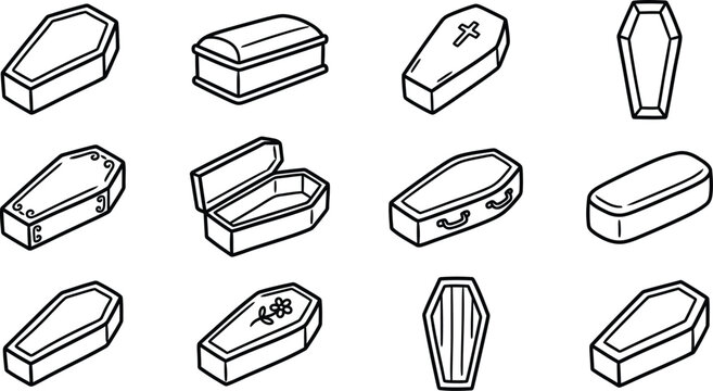 Three dimensional coffin and casket sketches with perspective view in outline doodle style.