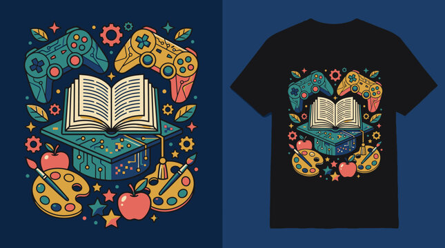 Illustrazione vettoriale colorata con un libro aperto sopra un tocco di laurea circondato da controller di videogiochi, tavolozze di pittura e mele, ideale per design di magliette e stampe creative.