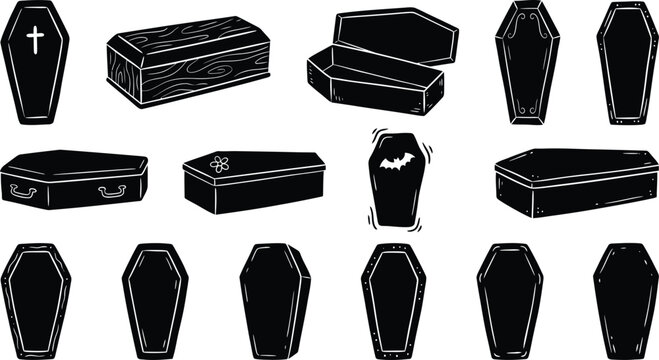 Solid black coffin and casket silhouettes with wood grain texture and open lid variations.