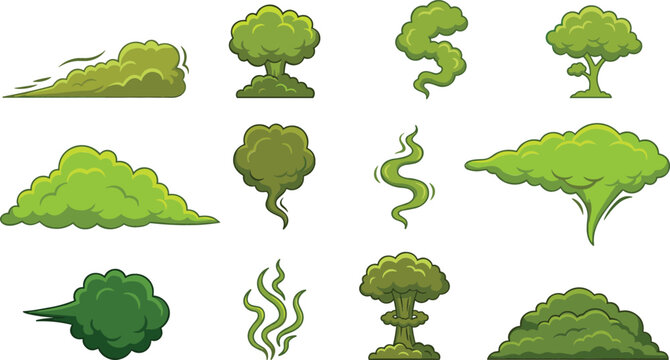Cartoon green bad odor clouds, smelly fart gas puffs, toxic smoke trails, and stinky aroma elements isolated on white background vector illustration