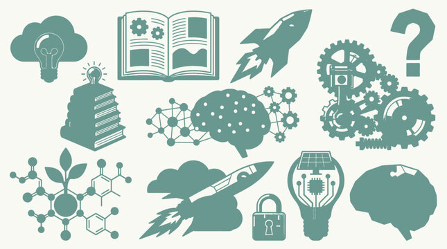 Ensemble d'ic&ocirc;nes plates de couleur vert sauge repr&eacute;sentant des concepts d'apprentissage, d'innovation, de technologie, de science et de r&eacute;solution de probl&egrave;mes sur un fond clair