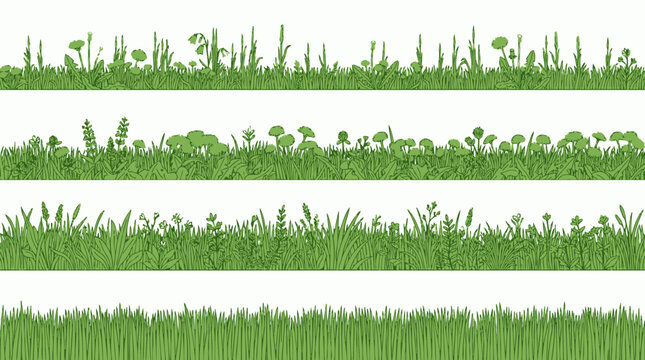 Conjunto de bordas de grama verde isoladas em fundo branco, apresentando diferentes estilos de vegeta&ccedil;&atilde;o, plantas silvestres e ervas para design gr&aacute;fico e elementos decorativos.