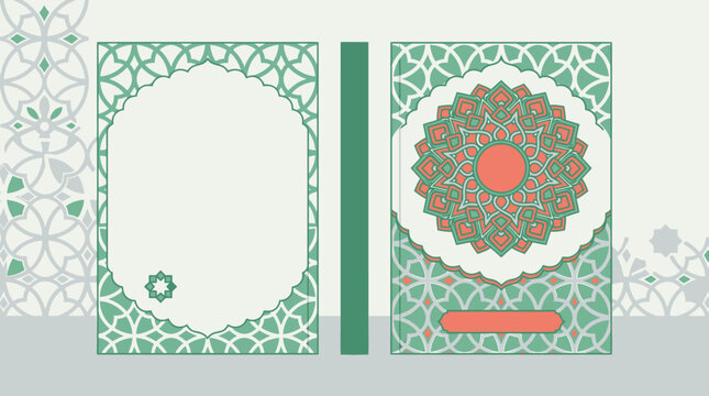 Ein elegantes Buchcover-Design mit einem komplexen gr&uuml;nen und korallenfarbenen Mandala-Muster im orientalischen Stil, das sich perfekt f&uuml;r ein Notizbuch oder ein Tagebuch eignet.