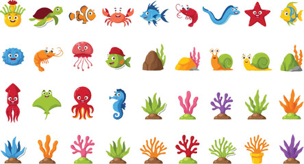 Cute Sea Life Vector Set with Cartoon Marine Animals and Colorful Coral Reef PlantsCute Sea Life Vector Set with Cartoon Marine Animals and Colorful Coral Reef Plants © MDMAZADUR