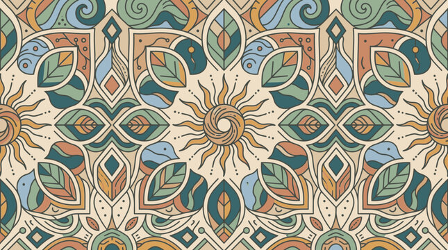 Un elegante motivo ornamentale senza cuciture con mandala floreali stilizzati, foglie e simboli solari in una palette di colori pastello vintage su sfondo crema per design tessili