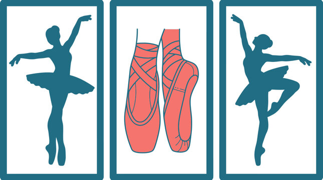 Conjunto de ilustra&ccedil;&otilde;es vetoriais com silhuetas de bailarinas cl&aacute;ssicas e sapatilhas de ponta em estilo minimalista para decora&ccedil;&atilde;o e design art&iacute;stico