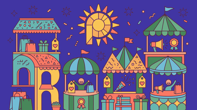 Illustrazione vettoriale piatta di un vivace mercato all'aperto con bancarelle colorate, persone felici, regali e decorazioni festive su uno sfondo blu scuro per eventi commerciali.