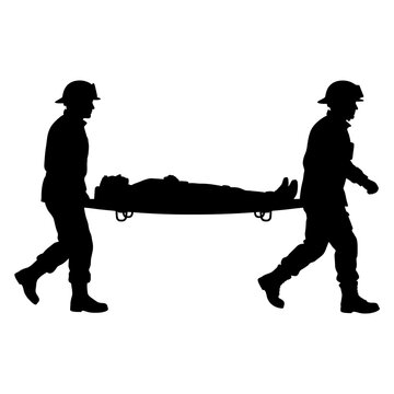 Emergency rescue silhouette of firefighters carrying a patient on a stretcher, first responders medical evacuation vector, firemen saving a victim isolated on White Background