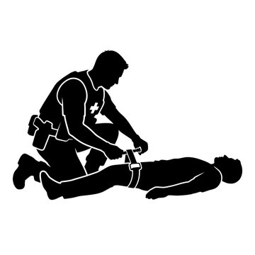 Tactical paramedic applying tourniquet to injured victim silhouette, emergency medical responder providing first aid, life saving trauma care vector isolated on White Background