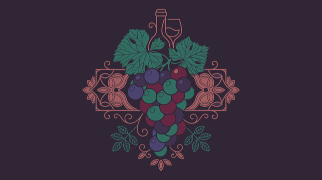 Ilustra&ccedil;&atilde;o vetorial elegante de um emblema de vinho com cachos de uvas, folhas de videira, garrafa e ta&ccedil;a, apresentando um design ornamental sim&eacute;trico em estilo vintage sobre fundo escuro.
