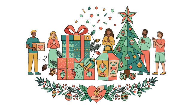 Eine vielf&auml;ltige Gruppe von Menschen feiert Weihnachten mit Geschenken, einem geschm&uuml;ckten Weihnachtsbaum und einer Spendenaktion f&uuml;r wohlt&auml;tige Zwecke in einer festlichen Illustration.