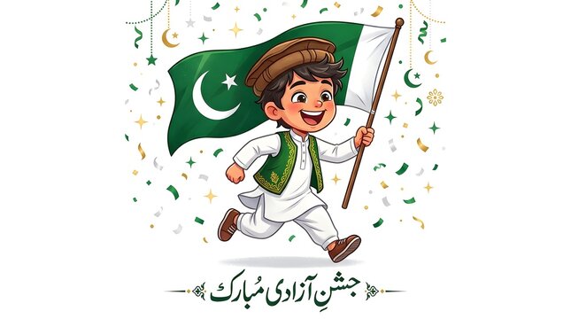 Happy boy running with pakistan flag isolated on white background
