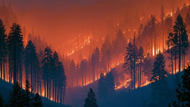 Silhouette of a pine forest engulfed by a raging nighttime wildfire, with glowing orange flames and dense smoke creating a dramatic natural disaster scene.