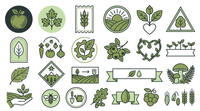 Ensemble d'ic&ocirc;nes vectorielles lin&eacute;aires sur le th&egrave;me de l'agriculture biologique, de la nature et de l'alimentation durable, avec des motifs de plantes, de r&eacute;coltes et de jardinage.