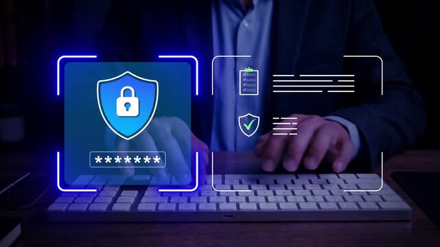 User typing password on laptop with digital shield and security interface, cybersecurity, data protection, secure access, online privacy, information safety, modern digital technology concept