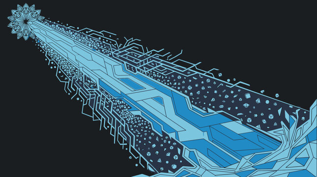Ilustraci&oacute;n abstracta de un haz de energ&iacute;a digital azul que emana de un n&uacute;cleo geom&eacute;trico con patrones de circuitos electr&oacute;nicos y part&iacute;culas flotantes sobre un fondo oscuro.