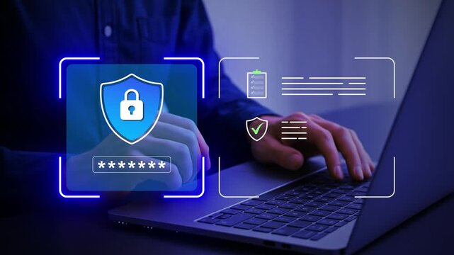 User typing password on laptop with digital shield and security interface, cybersecurity, data protection, secure access, online privacy, information safety, modern digital technology concept