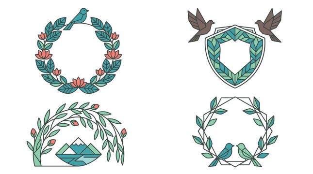 Conjunto de emblemas decorativos com elementos bot&acirc;nicos, p&aacute;ssaros e formas geom&eacute;tricas em estilo de arte linear, perfeitos para logotipos, convites e design gr&aacute;fico elegante.