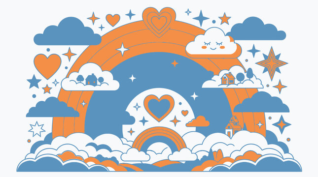 Illustration vectorielle fantaisiste avec un arc-en-ciel orange, des nuages bleus, des c&oelig;urs, des &eacute;toiles scintillantes et de petites maisons dans un style graphique plat et ludique.