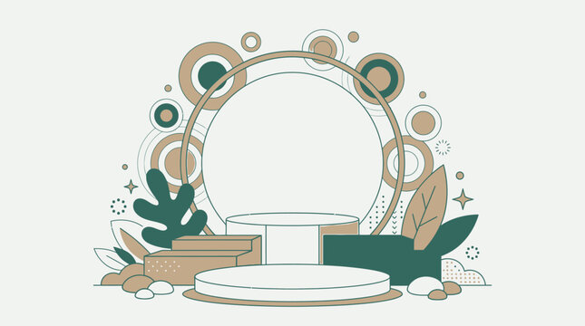 Podio espositivo moderno con forme geometriche astratte e foglie decorative in stile minimalista per la presentazione di prodotti su sfondo chiaro con spazio per il testo.