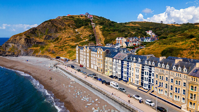 Aerial view of Aberystwyth cliff railway track on constitution hill slope