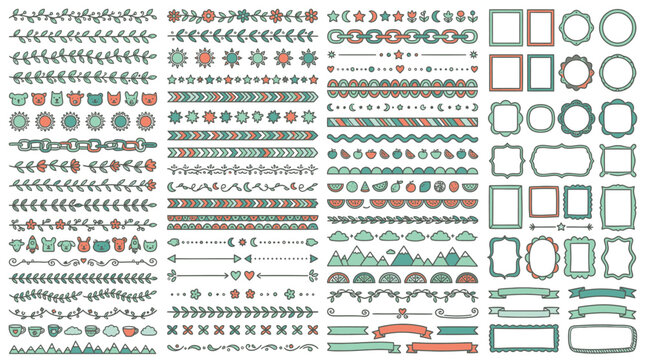 Colecci&oacute;n de bordes decorativos dibujados a mano, marcos ornamentales y divisores de texto con estilo doodle en colores verde y rojo sobre un fondo blanco limpio para dise&ntilde;o gr&aacute;fico.
