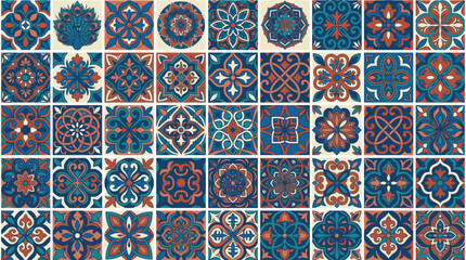 Wzory kafli ceramicznych w stylu vintage z motywami geometrycznymi i kwiatowymi w odcieniach niebieskiego i pomarańczowego.